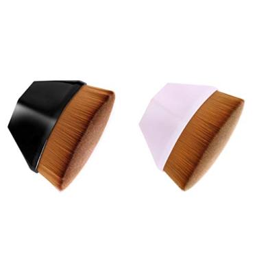 Imagem de FveBzem 2 pincéis de base de maquiagem de topo plano Kabuki rosto blush líquido em pó pincel de base portátil para misturar líquidos, cremes ou cosméticos em pó impecáveis com proteção bônus