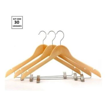Imagem de Kit 30X Cabides De Madeira Com Presilha Verniz Marfim Roupa