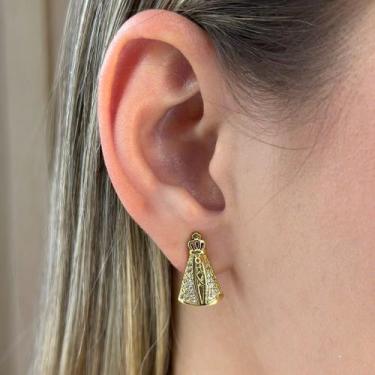Imagem de Brinco Nossa Senhora Cravejada Zircônias Cristal Banhado em Ouro 18k -