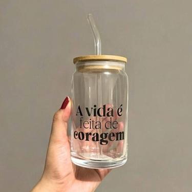 Imagem de Copo de Café com Tampa de Bambú C/ Canudo de Vidro 470ml Frases Motiva