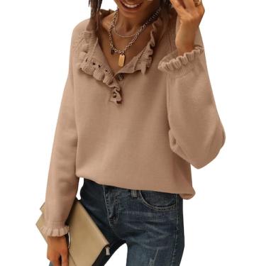 Imagem de Suéter feminino BTFBM outono inverno 2025 com babados cáqui