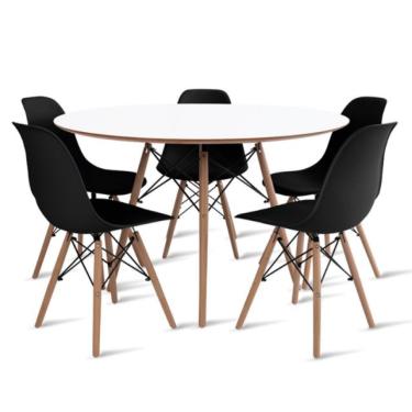 Imagem de Conjunto de Mesa de Jantar Eames Eiffel Redonda 120cm Tampo de Madeira Branco com 5 Cadeiras Pretas
