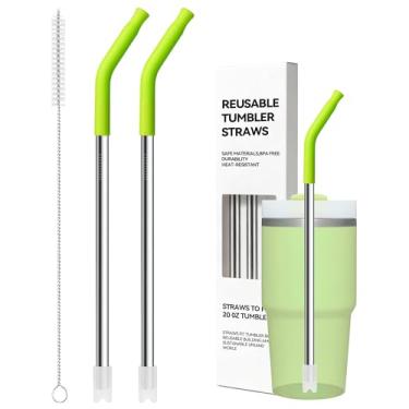 Imagem de Snowfall Canudos de metal de substituição de 2 peças para copo Stanley de 400 ml, canudos de aço inoxidável com ponta de silicone para copo de 597 g, pincel de palha (verde maçã)
