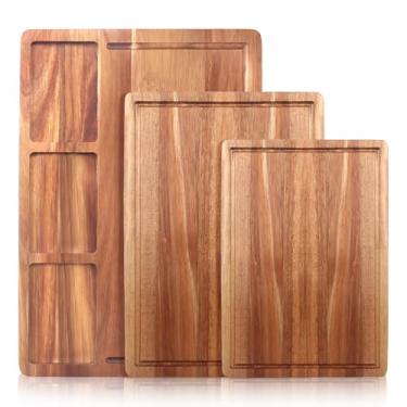 Imagem de Tábua de corte grande de madeira de acácia de 3 peças para decoração de cozinha, conjunto de tábuas de charcutaria, presente, bandeja de queijo, carnes de frutas, bandeja pequena de madeira para