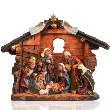 Imagem de Yinns Conjunto de presépio de Natal interno, decoração de presépio de Natal, decoração de mesa de família sagrada de resina religiosa para o Natal