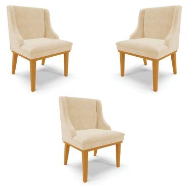 Imagem de Kit 3 Cadeiras Decorativas Sala De Jantar Base Fixa De Madeira Firenze Suede Bege/castanho G19