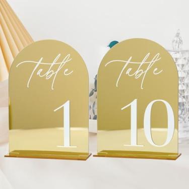 Imagem de Números de mesa de casamento de acrílico de arco espelhado dourado 1-10 com suportes, placas de acrílico arqueadas de 12,7 x 17,8 cm com números brancos, números de mesa espelhados dourados para