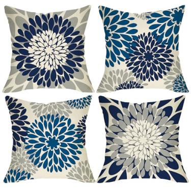 Imagem de Fjfz Capas de almofada decorativas azul escuro cinza dália 45,7 x 45,7 cm conjunto de 4, grande flor floral geométrica arte moderna varanda decoração de casa ao ar livre, capa de almofada de sofá de