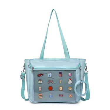 Imagem de CHERRY SAUCE Sacola Ita Bolsa de ombro transversal de lona Mochila Kawaii, bolsas e bolsas com visor de alfinete, Azul