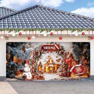 Imagem de ANNA QUEEN Capa de banner de porta de garagem de Natal 2,1 x 4,9 m Pano de fundo de garagem de Papai Noel para decoração de parede ao ar livre (Polo Norte - Natal)
