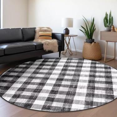 Imagem de COLORPAPA Tapete quadriculado 1,8 m, tapetes redondos laváveis para sala de estar, tapete moderno neutro antiderrapante para quarto, escritório, pátio, sala de jantar (preto e branco)