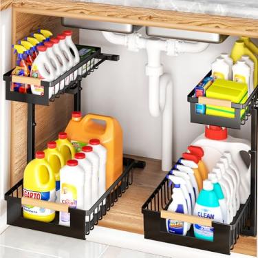 Imagem de GUUKAR Organizador sob a pia pacote com 2 organizadores de armário com 2 andares, prateleira de metal para cozinha, banheiro, despensa, armário, organização e armazenamento, preto