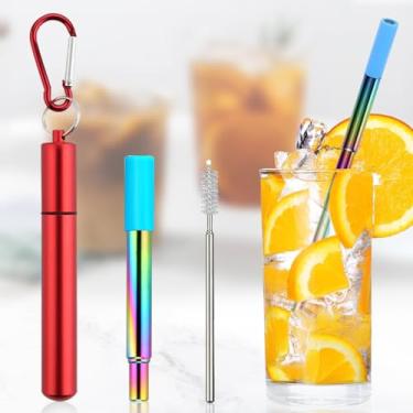 Imagem de Canudos reutilizáveis canudos dobráveis de metal portátil reutilizável dobrável aço inoxidável para beber palha telescópica para viagem com estojo e escova de limpeza escalável (vermelho)