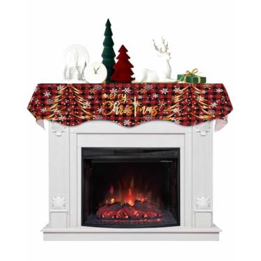 Imagem de Cachecol de cornija de Natal 178 x 43 cm, árvore de Natal de inverno, flocos de neve, xadrez vermelho, pano de lareira, capa de cornija, decoração de mesa para festas de fim de ano, sala de estar