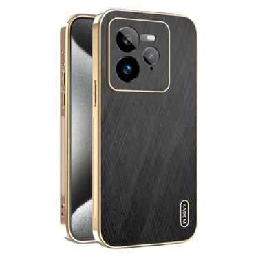 Imagem de Yarxiawin Capa de telefone para Realme GT7 Pro à prova de choque, textura de fio dourado para Realme GT7 Pro, capa de silicone fina galvanizada preta de couro anti-impressão digital (preto)
