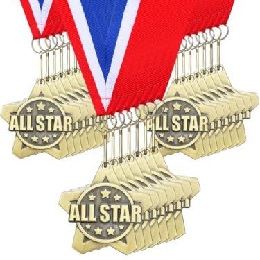 Imagem de Quelay 30 medalhas de prêmio de 5 cm a granel todas as medalhas de estrelas em massa com fitas de pescoço Troféu de metal Prêmio presente para torneios, competições, festas, crianças e adultos