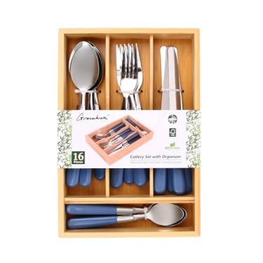 Imagem de Conjunto Talheres 16 Peças Aço Inox Premium com Cabo Madeira e Bandeja, Jogo Completo Para 4 Pessoas – Design Elegante e Durável para Jantar e Mesa Posta