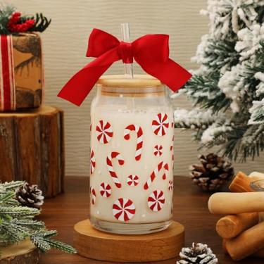 Imagem de Whaline Copo de Natal 473 ml Lata de vidro vermelho branco arco doce cana de café gelado com tampa canudo para Natal, inverno, coquetel, uísque, cerveja, refrigerante