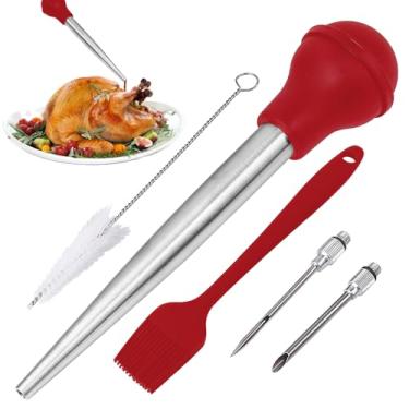 Imagem de Seringa de peru para cozinhar - Baster de peru grande de grau alimentício com lâmpada de silicone, 2 agulhas injetoras de marinada e escova de limpeza - Baster de peru para assados suculentos