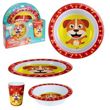 Imagem de Kit Refeição Infantil, 3 Peças, Prato, Tigela e Copo, Estampa Divertida, P/Introdução Alimentar (Cachorro)