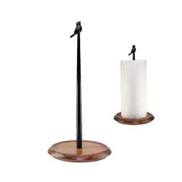 Imagem de Suporte de papel toalha para bancada, suporte de rolo de papel de cozinha em forma de pássaro com base de madeira maciça e haste de ferro, acabamento preto vintage e almofada antiderrapante, suporte