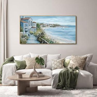 Imagem de KLAKLA Decoração costeira barco náutico na praia imagem em tela oceano gaivota paisagem marítima impressão em tela casa de fazenda para litoral quarto sala de estar grande quadrado azul petróleo 50 x