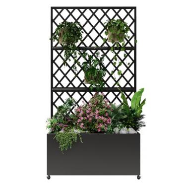 Imagem de Cama de jardim elevada de aço galvanizado com treliça, caixa de plantador de 188 x 89 x 40 cm com rodas traváveis, orifícios de drenagem e tela de privacidade para vegetais, videiras no pátio, deck