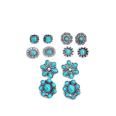 Imagem de Conjunto de 6 pares de brincos vintage turquesa boêmios redondos quadrados de flores para mulheres, brincos geométricos, acessórios de joias étnicas ocidentais, Small, Liga de aço, Sem pedra preciosa