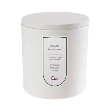 Imagem de CUE Vela perfumada de mogno bálsamo | Vela festiva | Mistura de cera de coco de soja | Feito nos EUA | Tempo de queima de 50 horas | Cor branca de 241 g