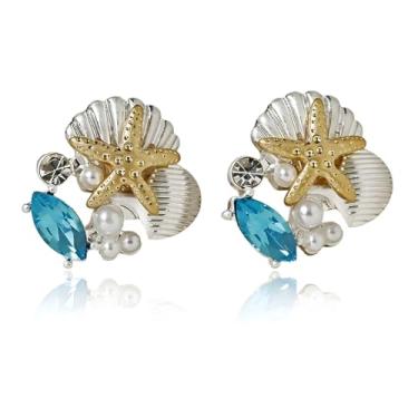 Imagem de Brinco de estrela do mar dourado para mulheres, boêmio, prata, estrela-do-mar, concha, cristal, azul oceano, estrela-do-mar, Moderate type, Metal, Sem pedra preciosa