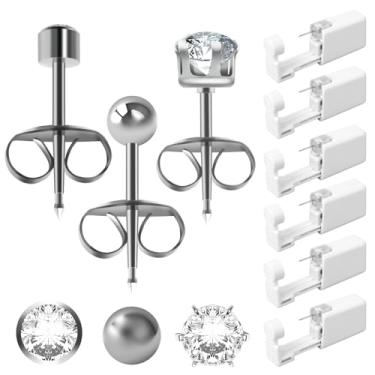 Imagem de Kit de piercing de orelha seguro, pistola descartável de piercing de orelha com pino pré-carregado de 3 mm, kit de pistola de piercing de orelha de zircônia cúbica de aço inoxidável, kit de pistola