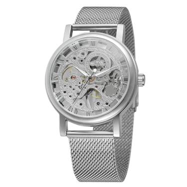 Imagem de WENFVVIN Relógio de pulso mecânico masculino com pulseira de aço inoxidável, esqueleto e algarismos romanos, Prata