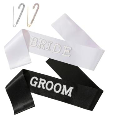 Imagem de Conjunto de faixa de noiva e noivo - Faixa de festa de despedida de solteira 3D com strass e strass para lembrancinhas de chá de panela de casamento e decorações de noivado (branco e preto)