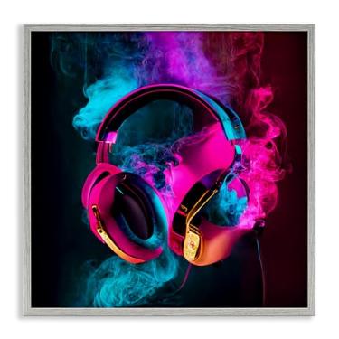 Imagem de Stupell Industries Power Play Fones de ouvido rosa e azul arte giclée emoldurada branca, design por Sasha, 17 x 17