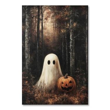 Imagem de Arte de parede vintage Halloween floresta escura com estampas de fantasmas retrô Cottagecore fantasmas e abóboras decoração de parede Dark Academia Farmhouse para quarto sala de estar 20 x 30 cm sem