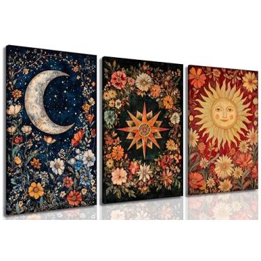 Imagem de Arte de parede em tela celestial com sol, lua e estrela, arte de parede, tarô, lua crescente, decoração de parede, pintura gótica, flores silvestres, pôsteres, arte, estética, sombria, academia