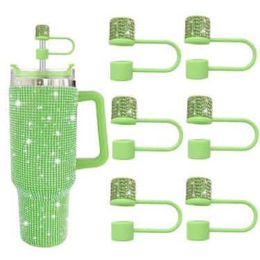 Imagem de JIASHEBDE Conjunto de acessórios para Stanley Cup, 6 peças, capa de canudo de diamante brilhante, tampa de canudos para Stanley 30 e 1,134 g com copos, acessórios de tampa de 1 cm para copo (verde