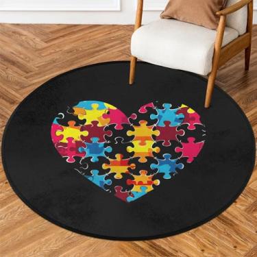 Imagem de Tapete redondo de 1,5 m Love Colorido Autismo, Tapete circular antiderrapante, lavável, tapete de porta circular para quarto, berçário, sala de estar, cozinha, banheiro, entrada, decoração de casa