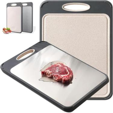 Imagem de LUXE HAVEN Tábua de corte de aço inoxidável – Tábuas de corte grandes de 40 x 27 cm para cozinha - Tábua de corte de metal dupla face com alça fácil de segurar para carne e legumes | Pode ser lavada