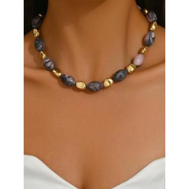 Imagem de Colar feminino com contas de pedra de resina rosa claro - corrente de clavícula curta - colar de temperamento distinto - presente simples e versátil