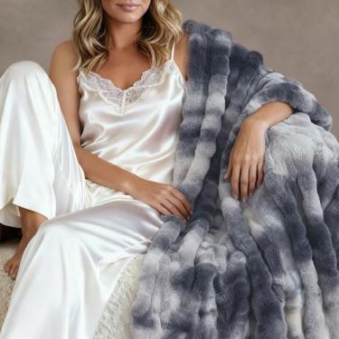 Imagem de Netbors Cobertor luxuoso de pele de coelho sintético: 152,4 cm x 177,8 cm, parte traseira de veludo, tie-dye, ultra macio e de pelúcia, detalhe elegante para casa, embalagem de presente (cinza moky 60