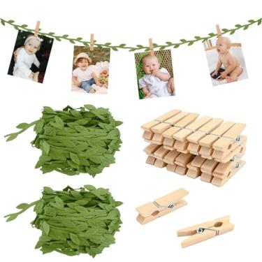 Imagem de Ksheria 80 peças mini prendedores de roupa com fita de folha para foto, 2 peças de 10 metros de gramatura artificial de videira e clipes de imagem de madeira, exibição de fotos pendurada para