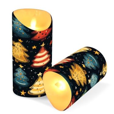 Imagem de Blueangle Pacote com 2 velas sem chamas de árvores de Natal com controle remoto e temporizador, velas LED cintilantes (7,6 cm x 9,9 cm) para decoração de casa, casamento, acampamento (218)