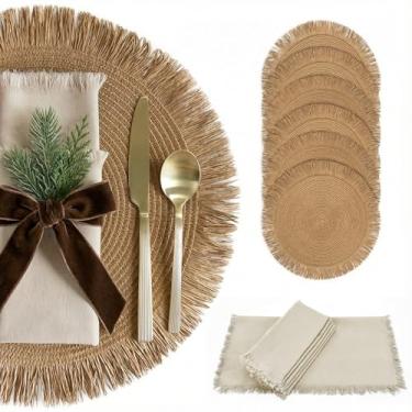 Imagem de Lindo conjunto de 6 jogos americanos e guardanapos Boho – Decoração de mesa feita à mão de algodão, serapilheira e palha para sala de jantar, cozinha ou mesas estilo fazenda