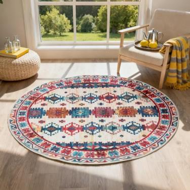 Imagem de Mirok Tapete redondo com motivo tribal abstrato, 1,2 m, lavável, antiderrapante, macio, para quarto, cozinha, lavanderia, banheiro, sala de estar