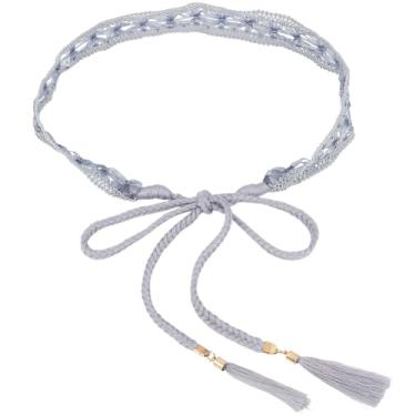 Imagem de GORGECRAFT Cinto trançado boêmio cinza fibra de algodão vintage ocidental amarrado laço cordas, Cinza, 61.42 x 1.18 inch