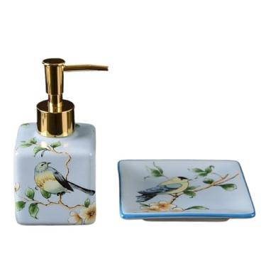 Imagem de Dispensador de sabão Conjunto criativo de banheiro em cerâmica com duas peças, incluindo dispensador de sabonete quadrado e saboneteira.(Blue)
