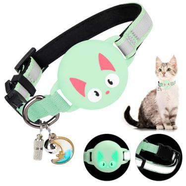 Imagem de Woyinger Coleiras reflexivas para gatos com sinos, rastreador GPS oculto para coleira de gatinho com fivela de segurança AirTag, com etiqueta de nome, à prova d'água para suporte luminoso AirTag