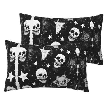 Imagem de Conjunto de 2 fronhas de linho sintético macio com caveira punk branca, capas reversíveis respiráveis para cama e sofá, decoração com zíper oculto