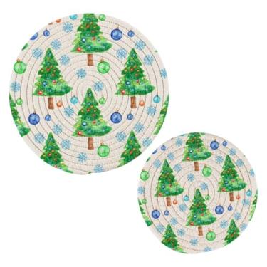 Imagem de Wassud Conjunto de trivet de árvore de Natal e bolas para pratos quentes, suportes redondos de algodão, almofadas quentes, porta-copos elegantes, decoração de cozinha e acessórios, 2 peças